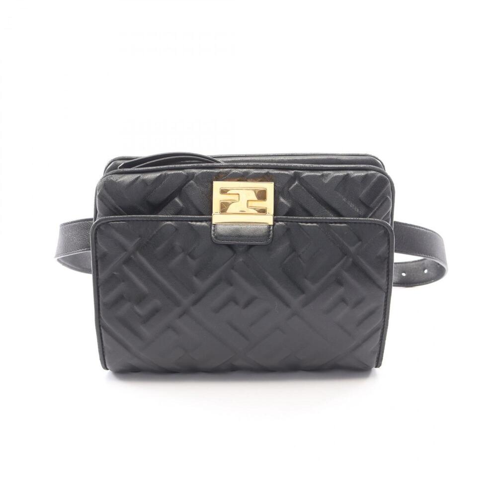 Fendi FF Embossed Upside Down Waist Bag Handbag Leather Women's Black 8BT305